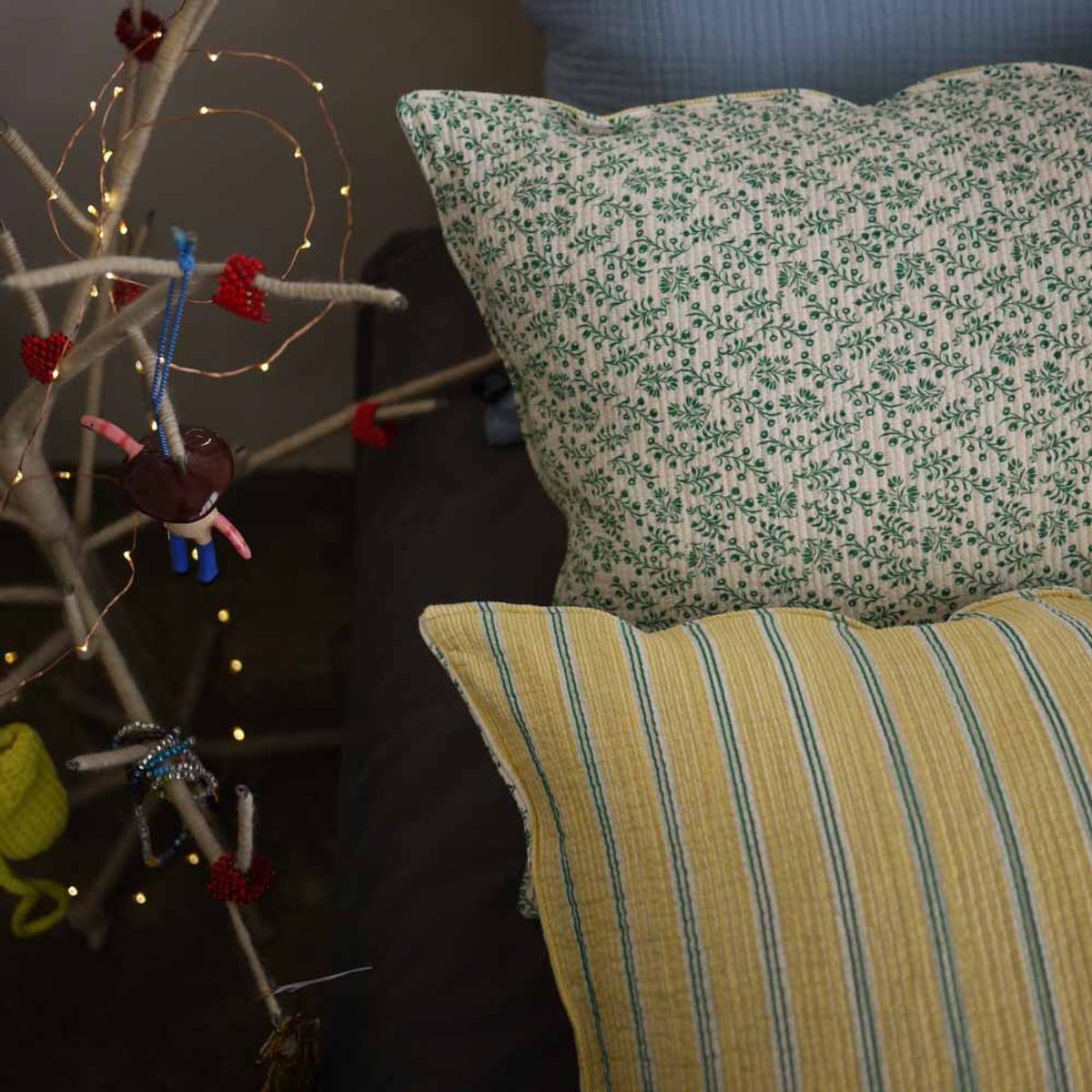 봄봄패브릭스(BOMBOM FABRICS) tripple cotton pillow case (green plant + yellow stripe)