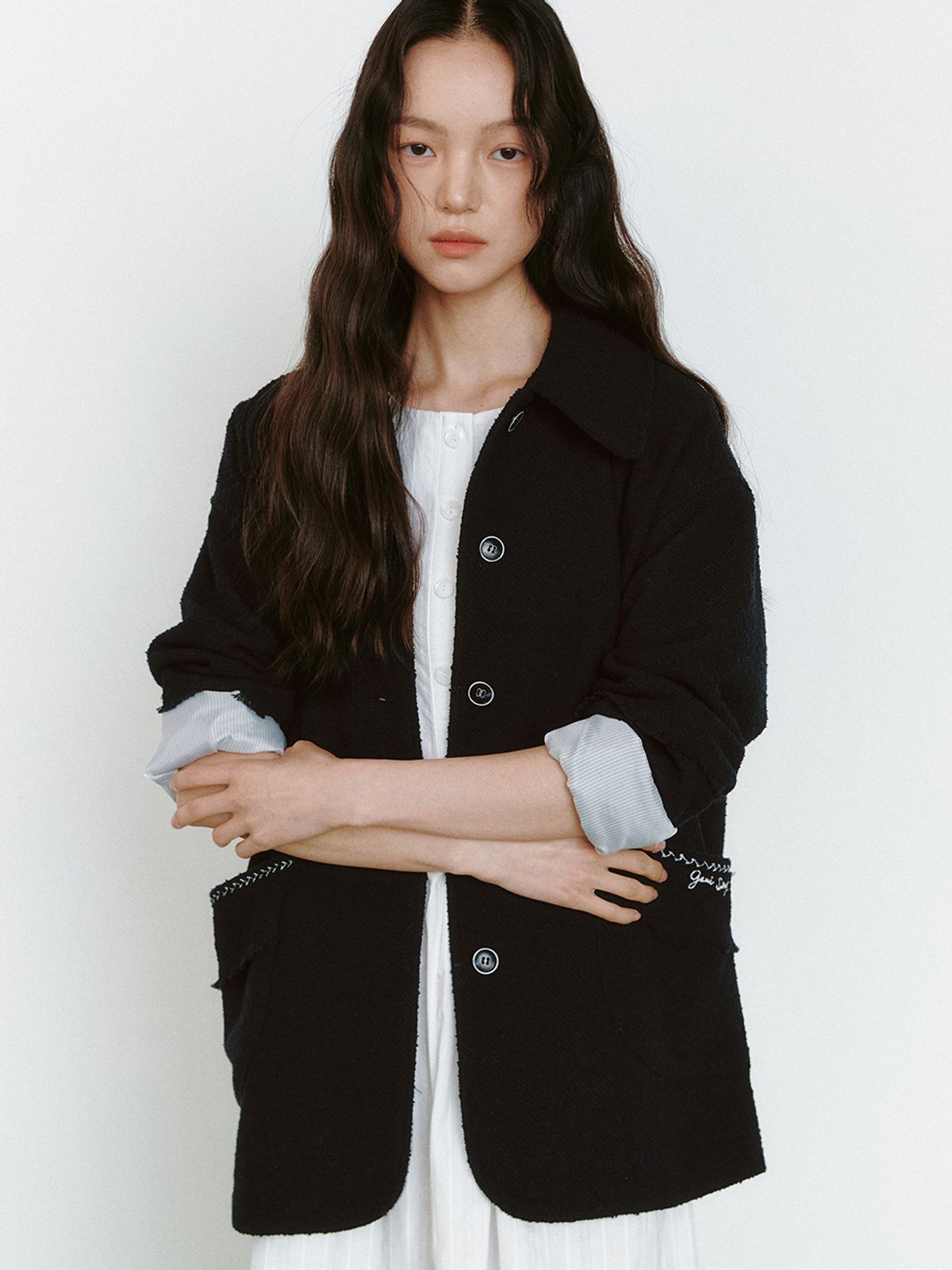 가니송(GANISONG) 프린지 가디건 자켓_네이비