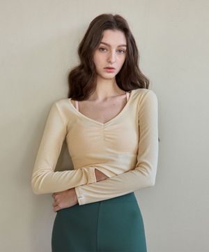 여성 요가복 DEVI-T0126-크림레몬 필라테스 줄리 셔링 롱슬리브