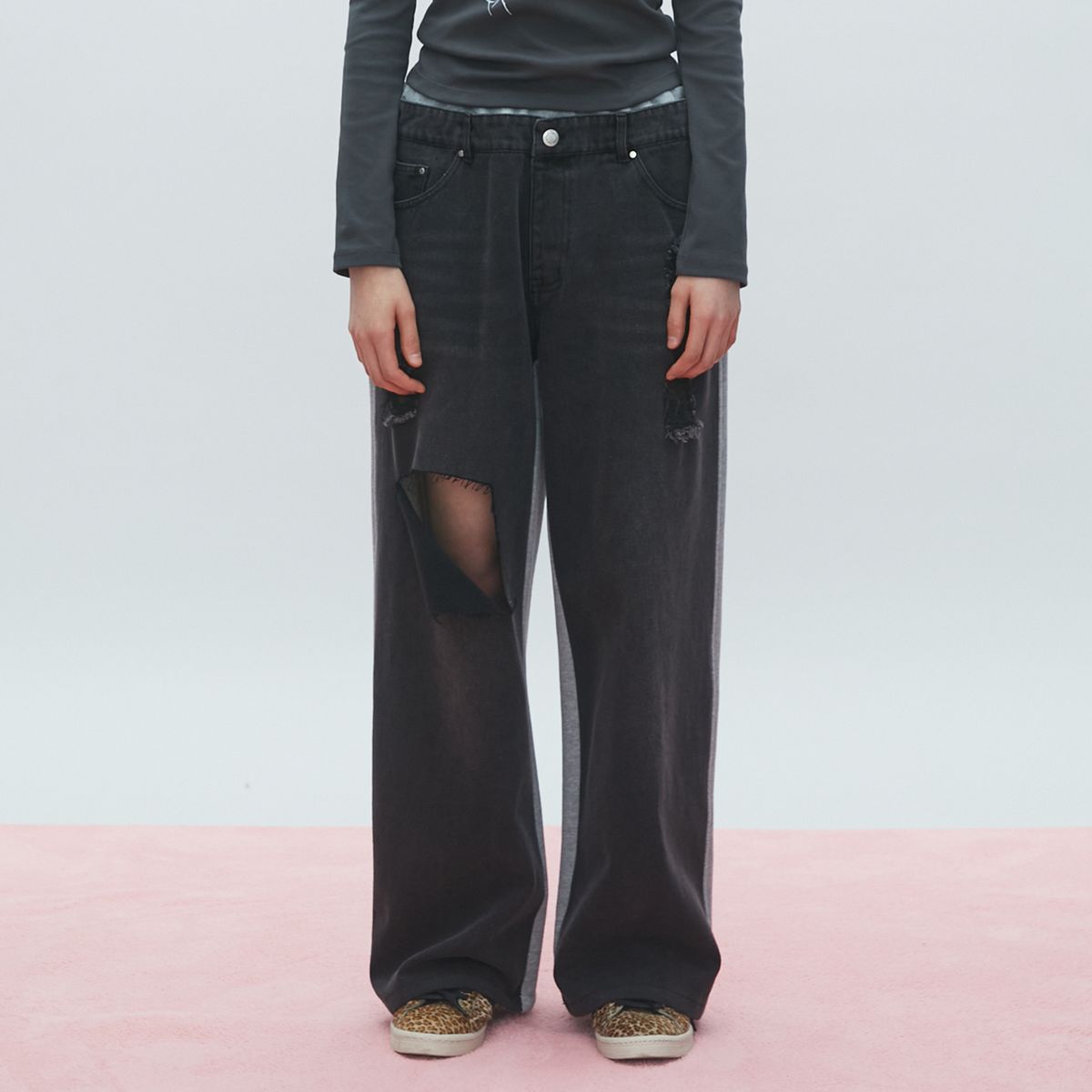 라라폭스(LALAFOX) HALF DENIM HALF SWEAT PANTS 데님 스웻 팬츠 BLACK BR2DP001
