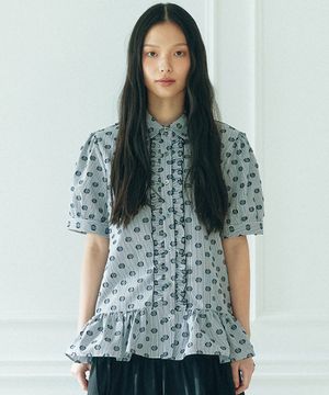 러플 반팔 블라우스_ 도트 스트라이프