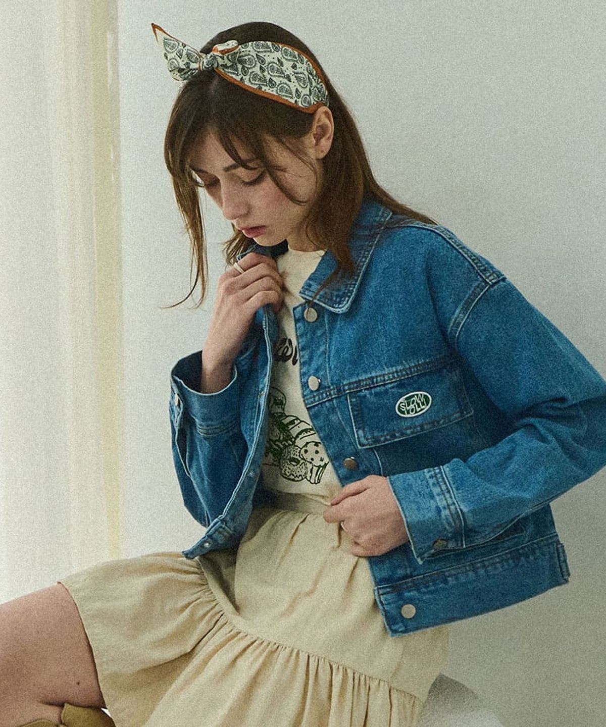 슬로우롤리(SLOWLOLLI) Washing cropped denim jacket - Light blue