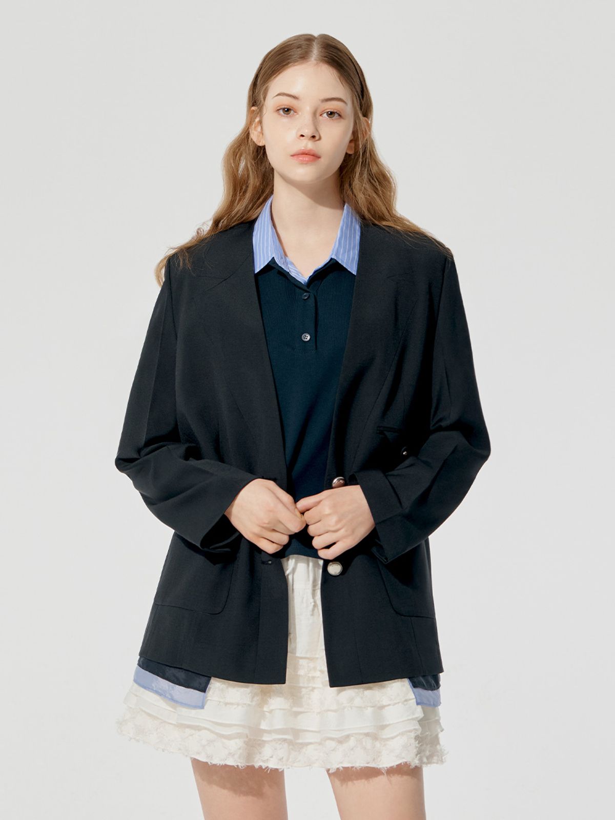 메르시앤에스(MERCIANNES) Collarless Color Patch Two-Button Wool Jacket _MB3JKN4