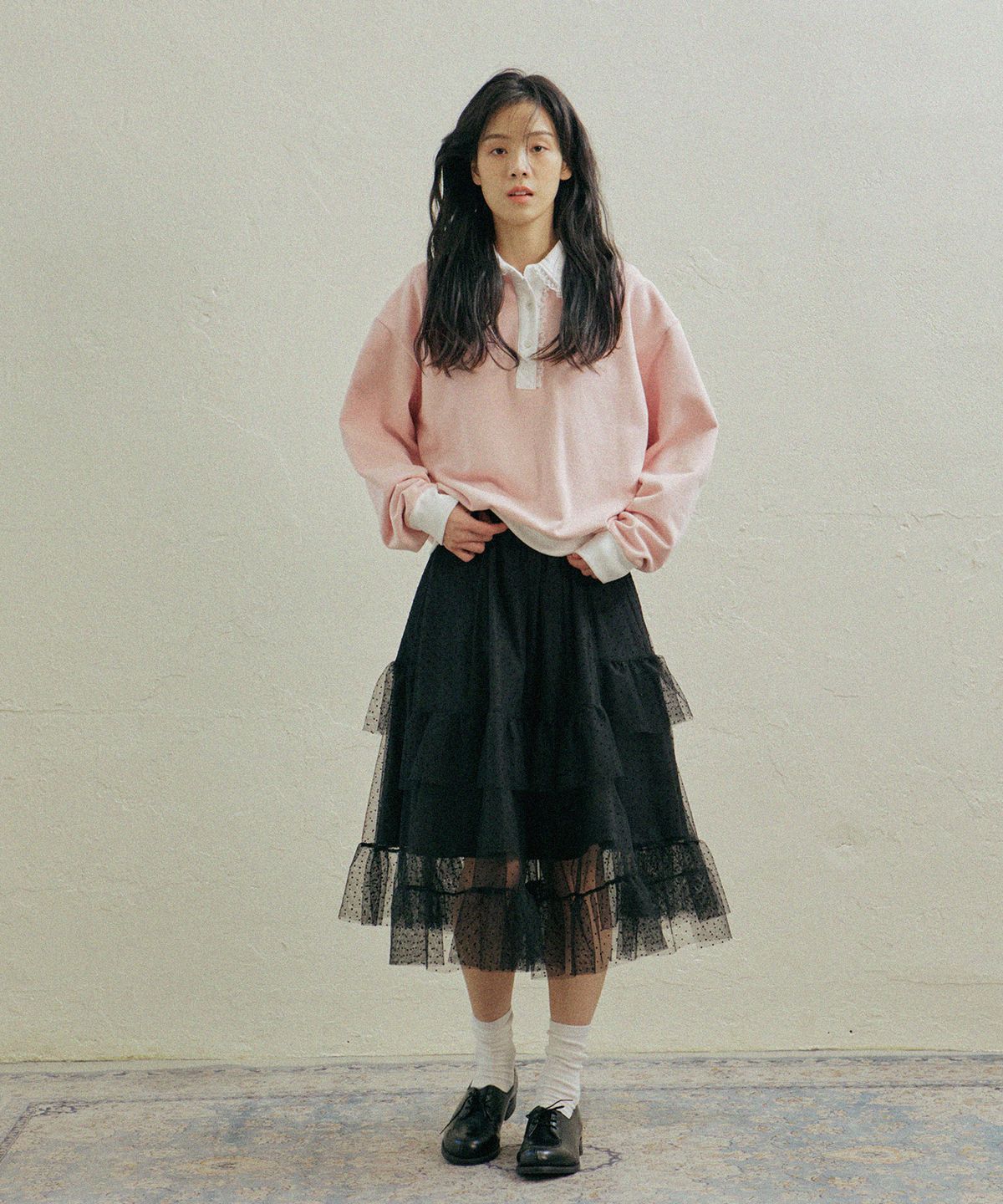 호쿠스포쿠스(HOKUSPOKUS) 샤 도트 롱 티어드 스커트_블랙