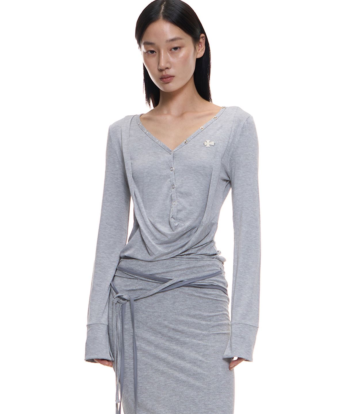 2000아카이브스(2000ARCHIVES) DRAPED HENLEY TOP (MELANGE GREY)