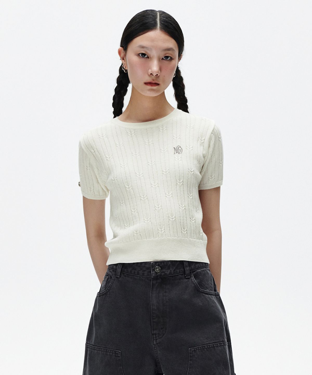 마하그리드(MAHAGRID) CABLE HALF SLEEVE KNIT IVORY(MG2FMFK612A)