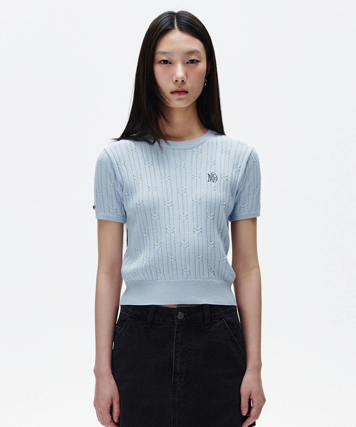 마하그리드(MAHAGRID) CABLE HALF SLEEVE KNIT LIGHT BLUE(MG2FMFK612A)