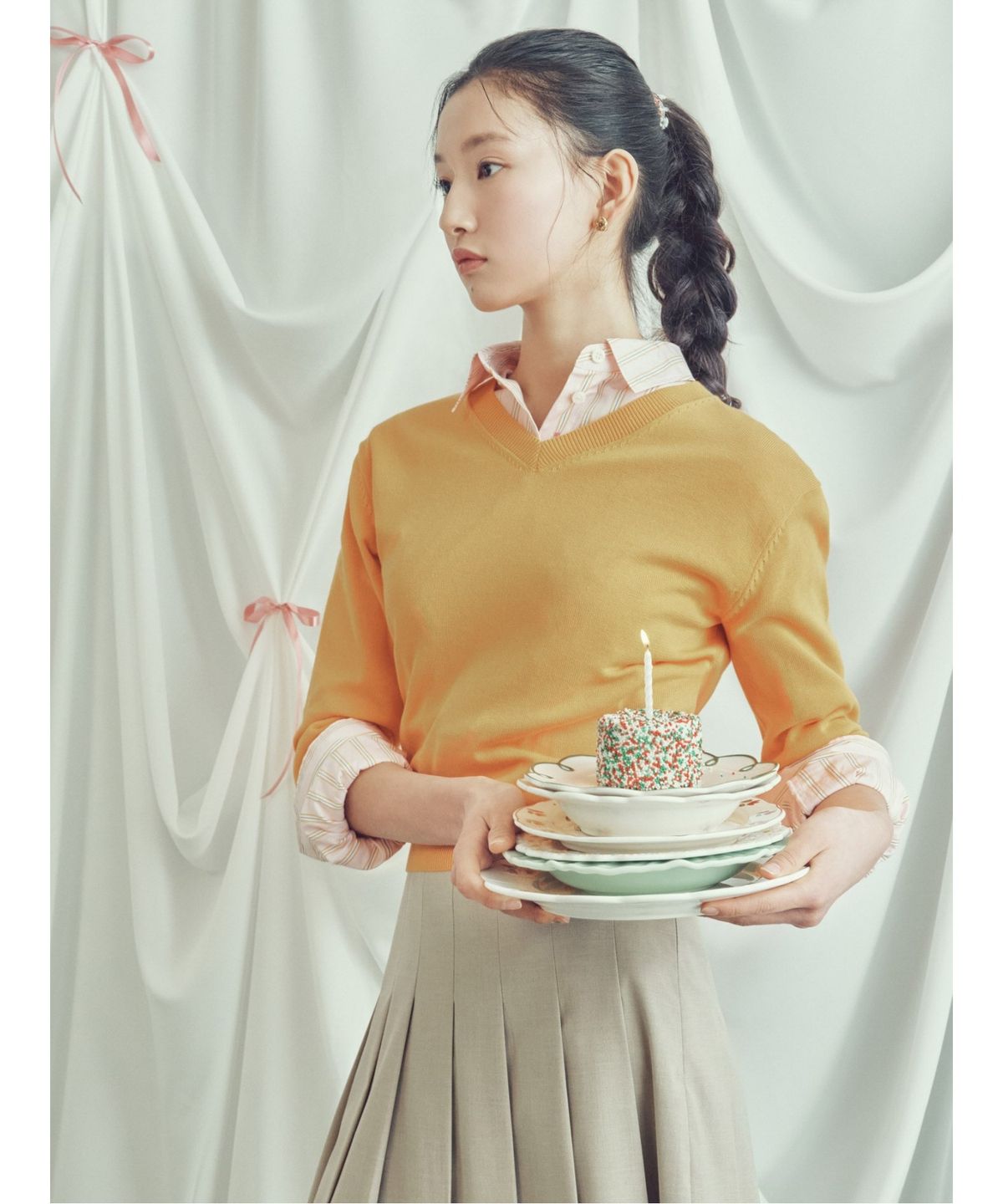 빈폴 레이디스(BEANPOLE LADIES) [B. my] 코튼 V넥 긴소매 니트  오렌지 (BF5251N018)
