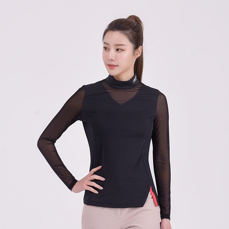 여성 메쉬 배색 소매메쉬 터틀 티셔츠_6H45451