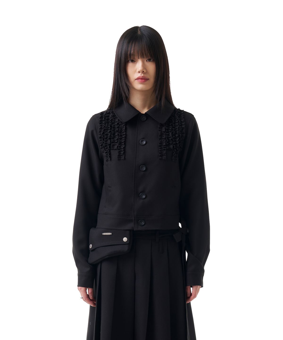 이우가마카라스(IUGAMAKARAS) Frilled Button Jacket (Black)