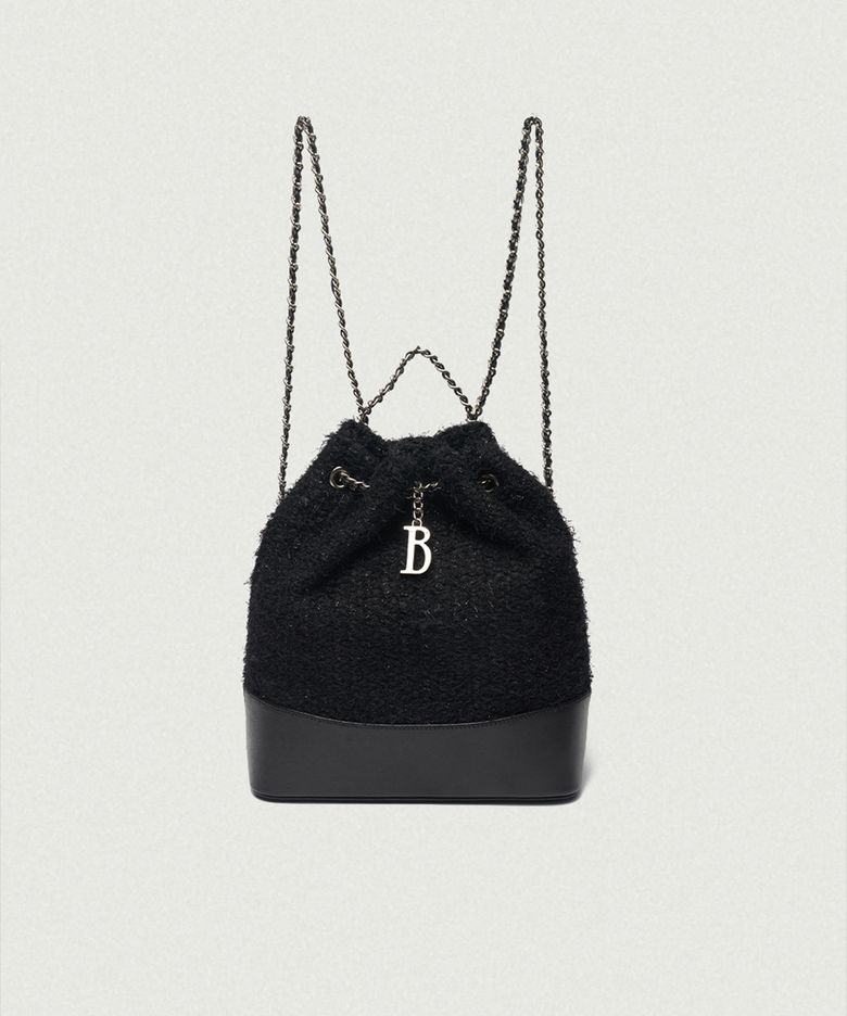 Tweed Drawstring Chain Backpack_Black