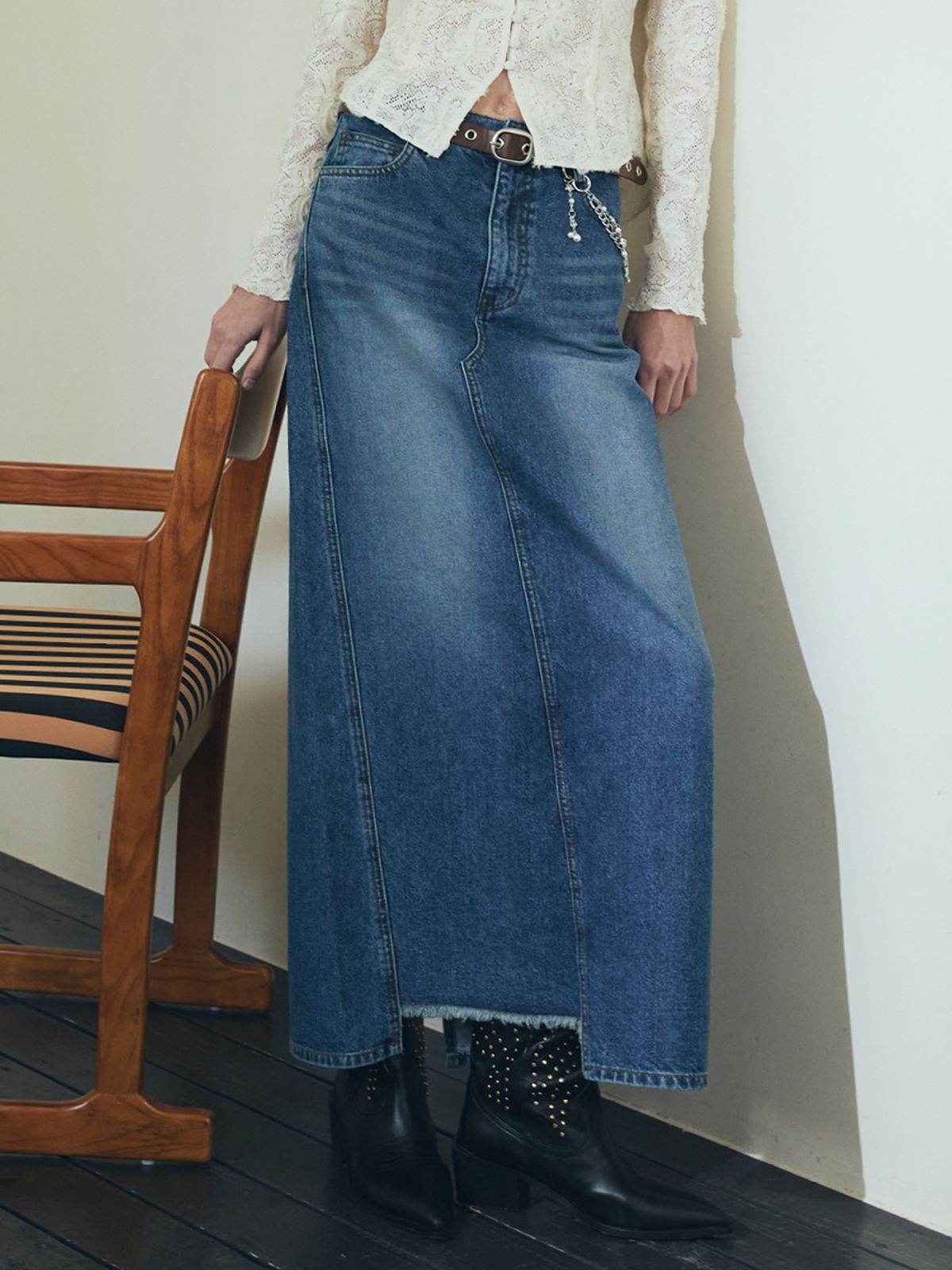오앨(OUEL) DENIM COLUMN LONG SKIRT_MIDIUM BLUE