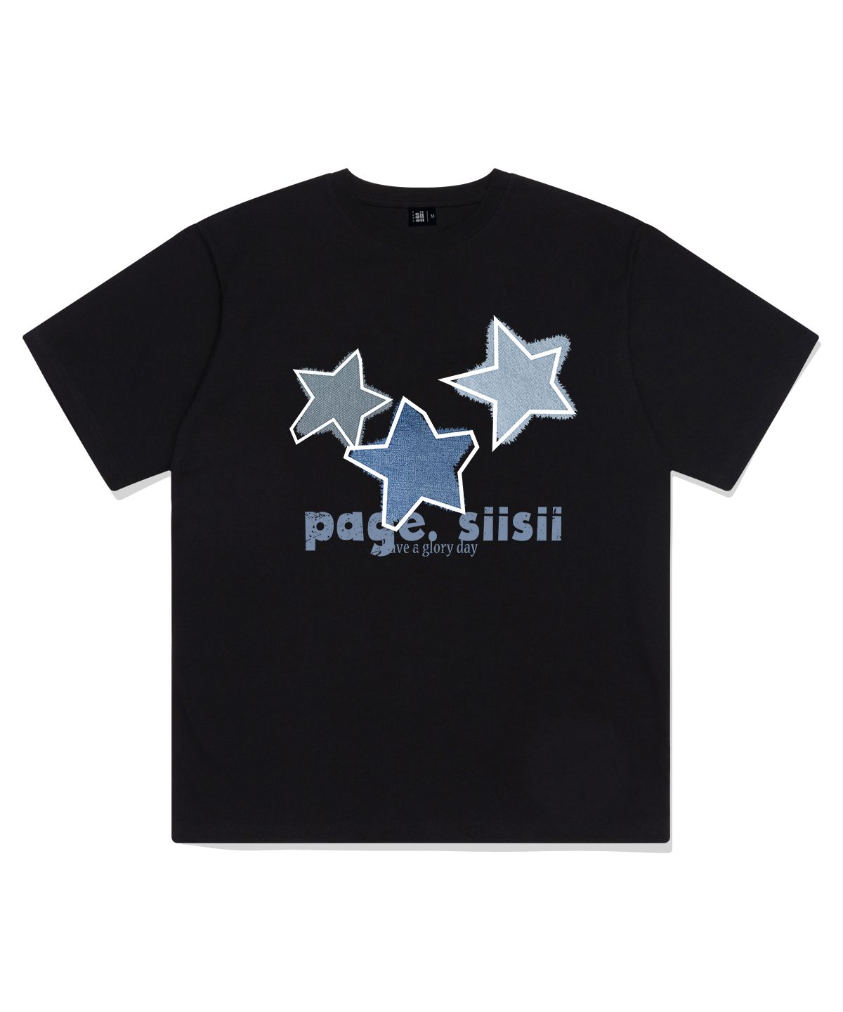 페이지시시(PAGESIISII) 블루 데님 스타 프린팅 반팔티 블랙