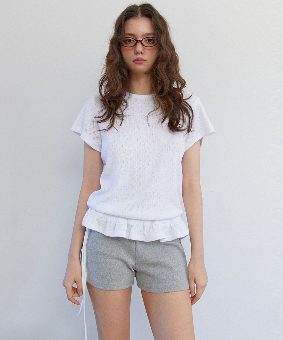 렌세(RENSE) Eyelet Frill Half T-shirt White
