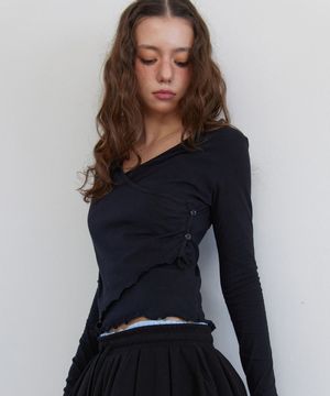 V-wrap Button Long Sleeve Black