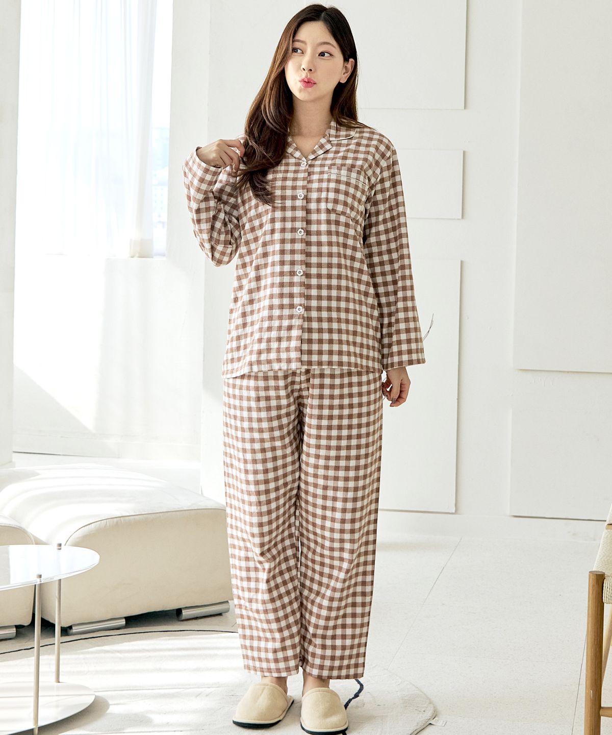 핑코코(PINGCOCO) 142 브라운피치심플체크 긴소매 여성 파자마세트