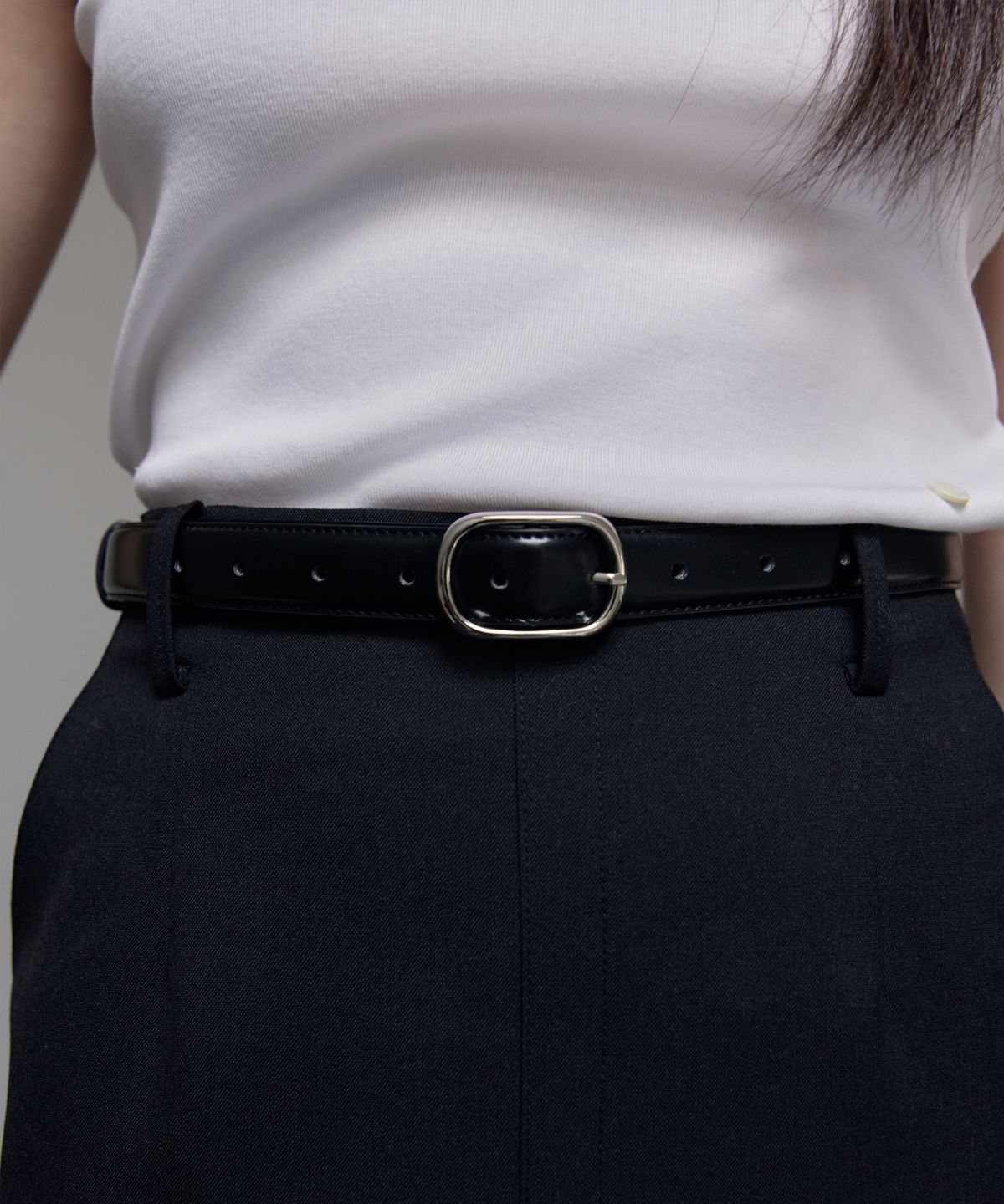 38컴온커먼(38COMEONCOMMON) 25mm Thin Square Leather Belt (Glossy Silver)
