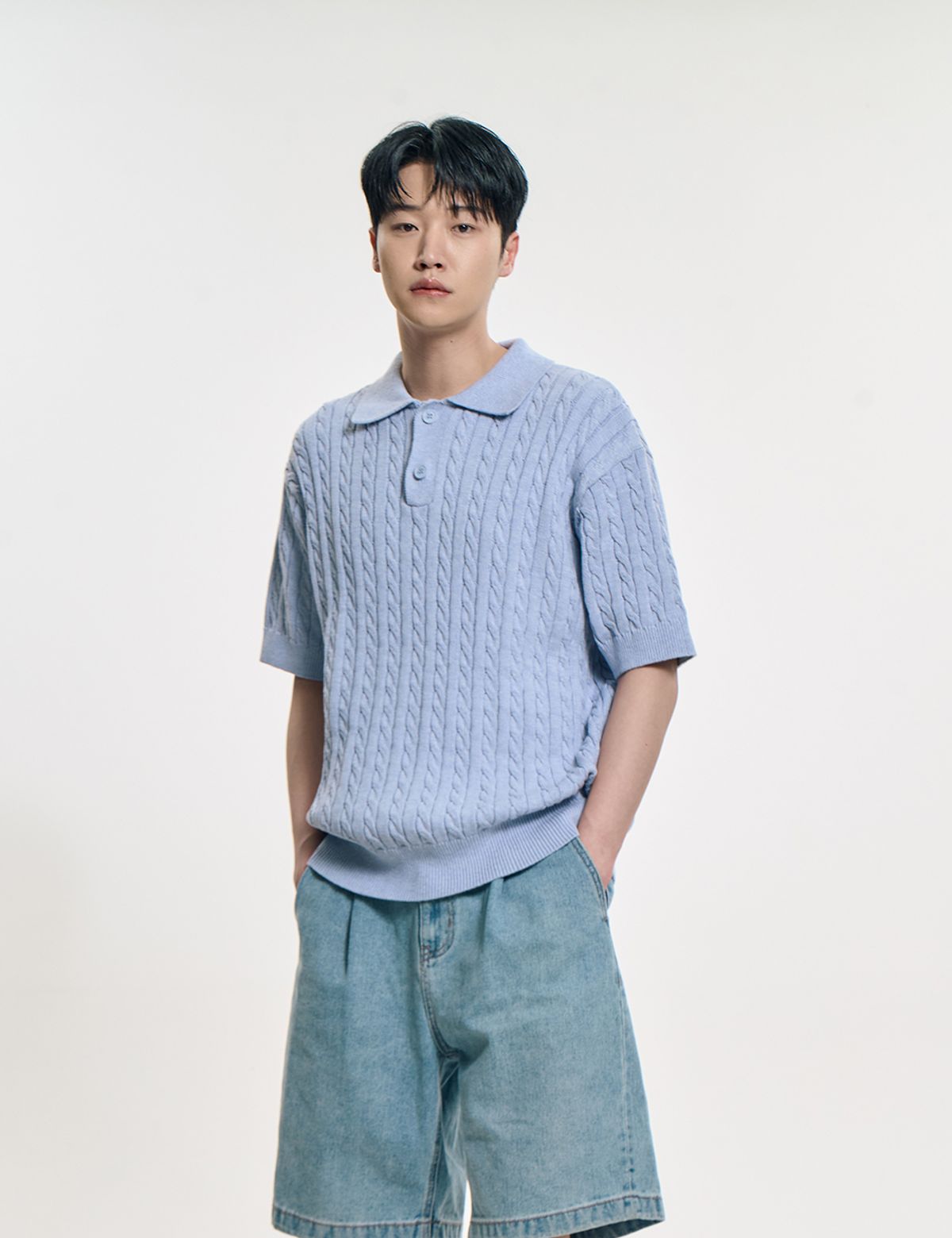 클레버필드(CLEVER FIELD) 어반 코튼 케이블 카라 니트_스카이블루
