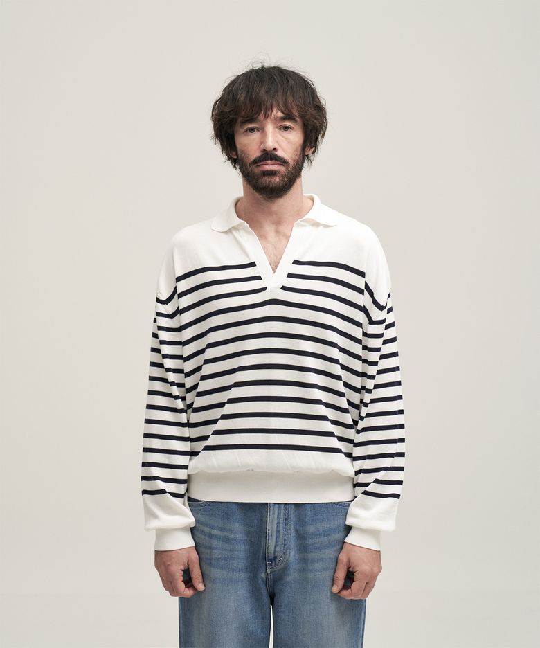 Sailor Silk Open-collar Knit (White-Navy)