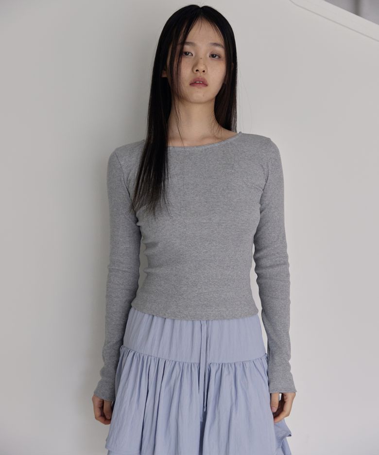 Ribbed Boat-neck Slim T-Shirts (Melange Grey)