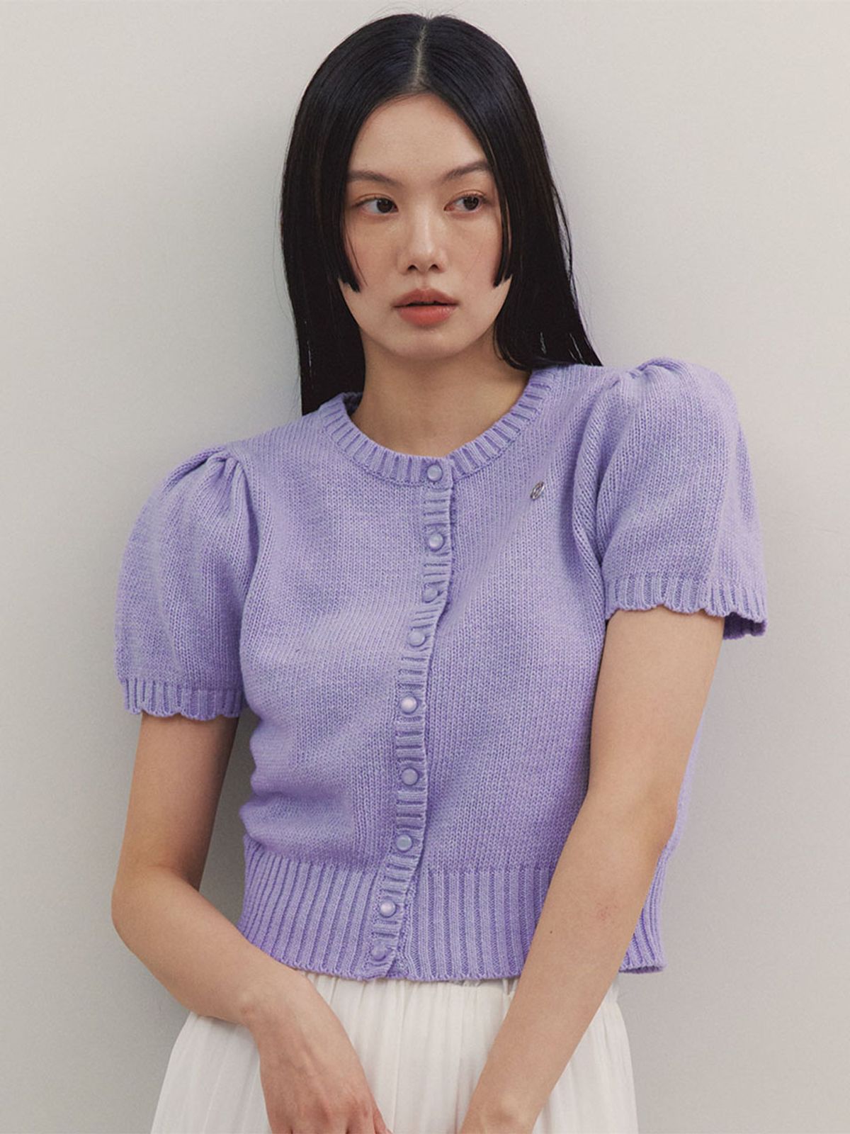 지앤지비(GNGB) 퍼프 라운드넥 가디건_Purple