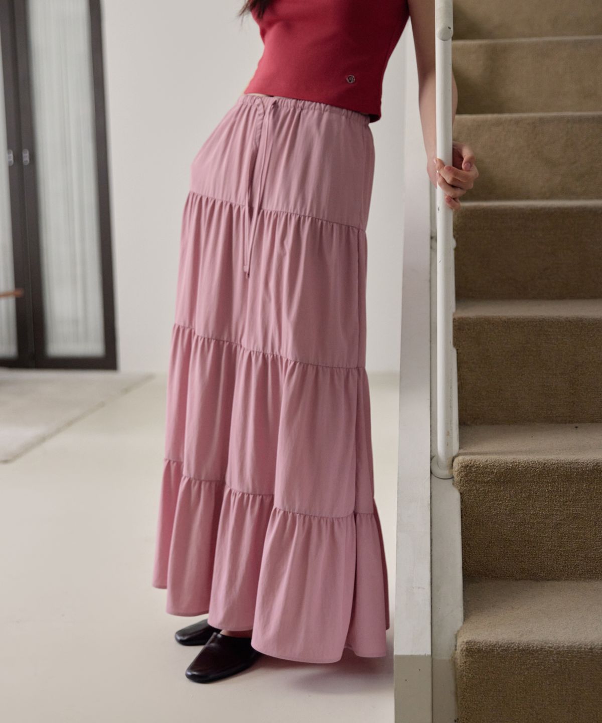 38컴온커먼(38COMEONCOMMON) Shirring Tiered Banding Skirts (Dusty Pink)