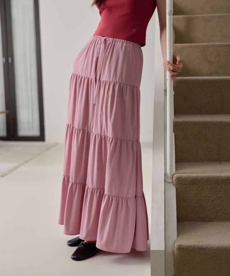 Shirring Tiered Banding Skirts (Dusty Pink)