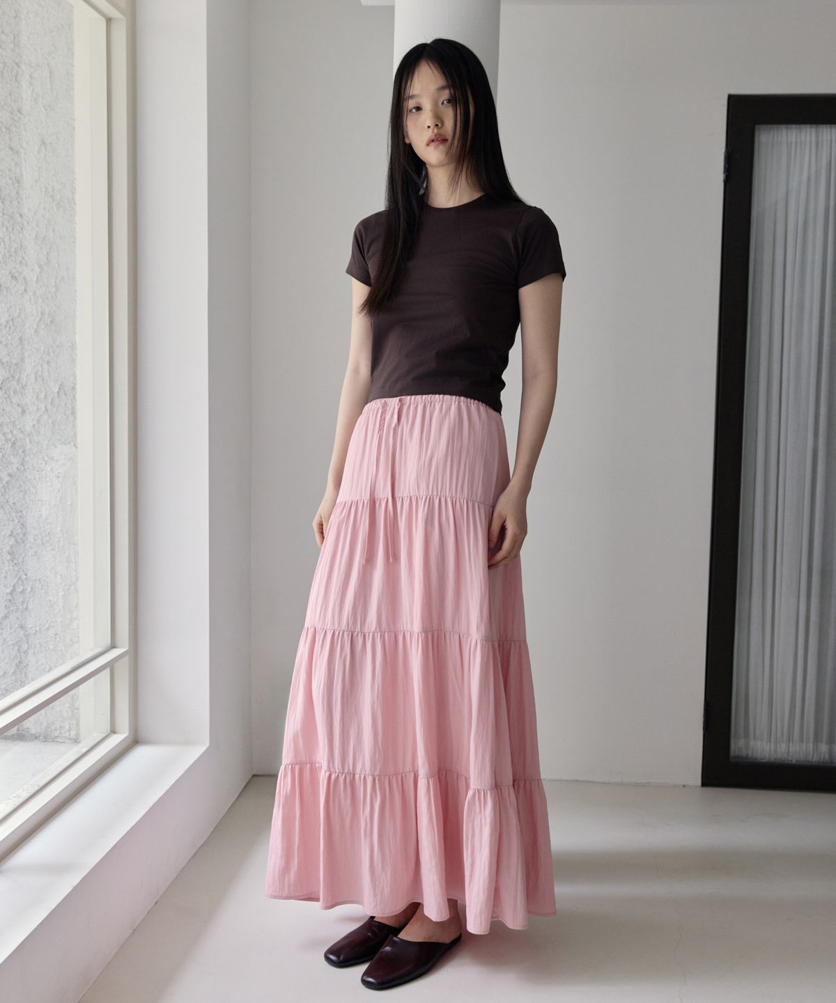 38컴온커먼(38COMEONCOMMON) Shirring Tiered Banding Skirts (Light Pink)