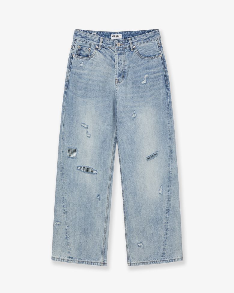 CHECK PATCHWORK DENIM PANTS [LIGHT BLUE]