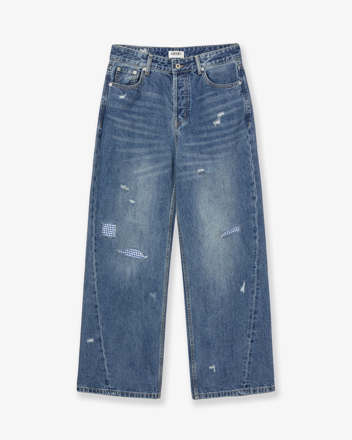 에이이에이이(AEAE) CHECK PATCHWORK DENIM PANTS [MID BLUE]