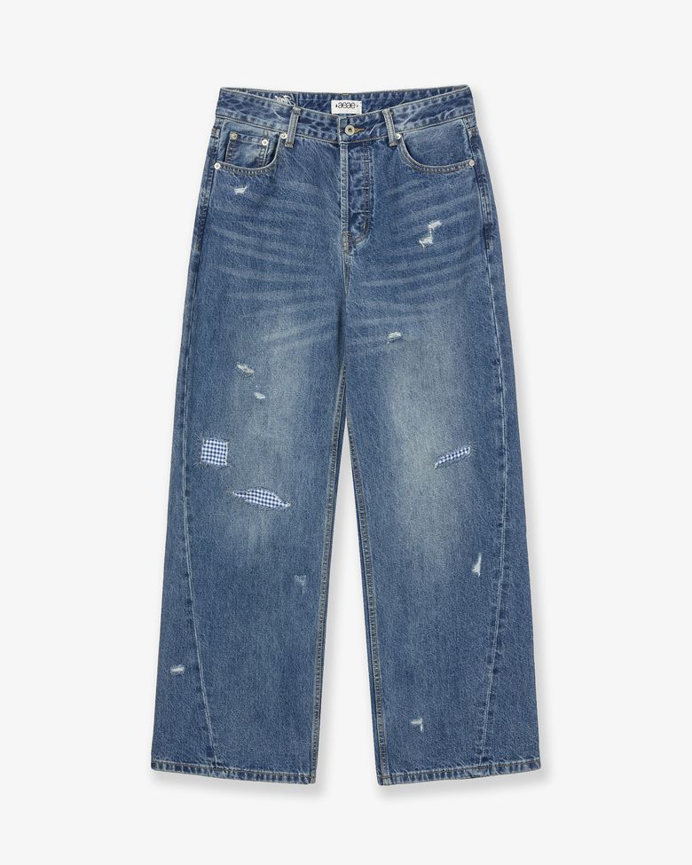 CHECK PATCHWORK DENIM PANTS [MID BLUE]