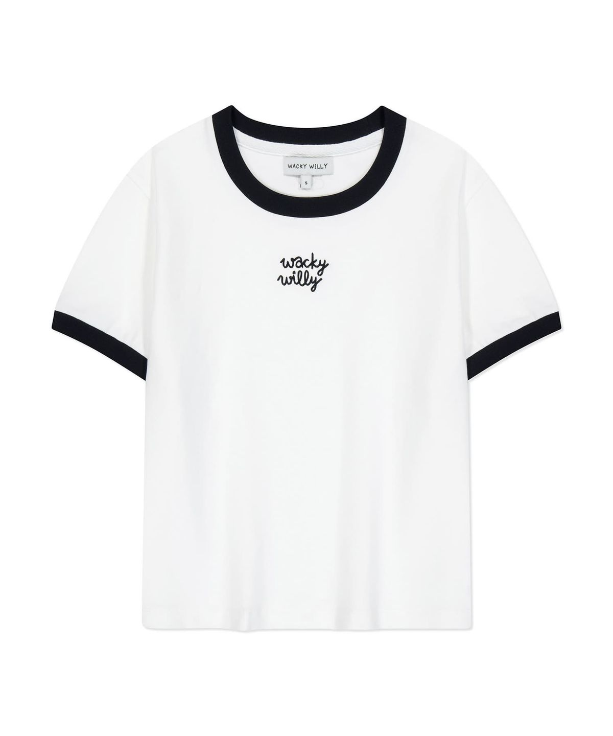 와키윌리(WACKY WILLY) 우먼스 로고 링거 크롭 반팔티셔츠 화이트