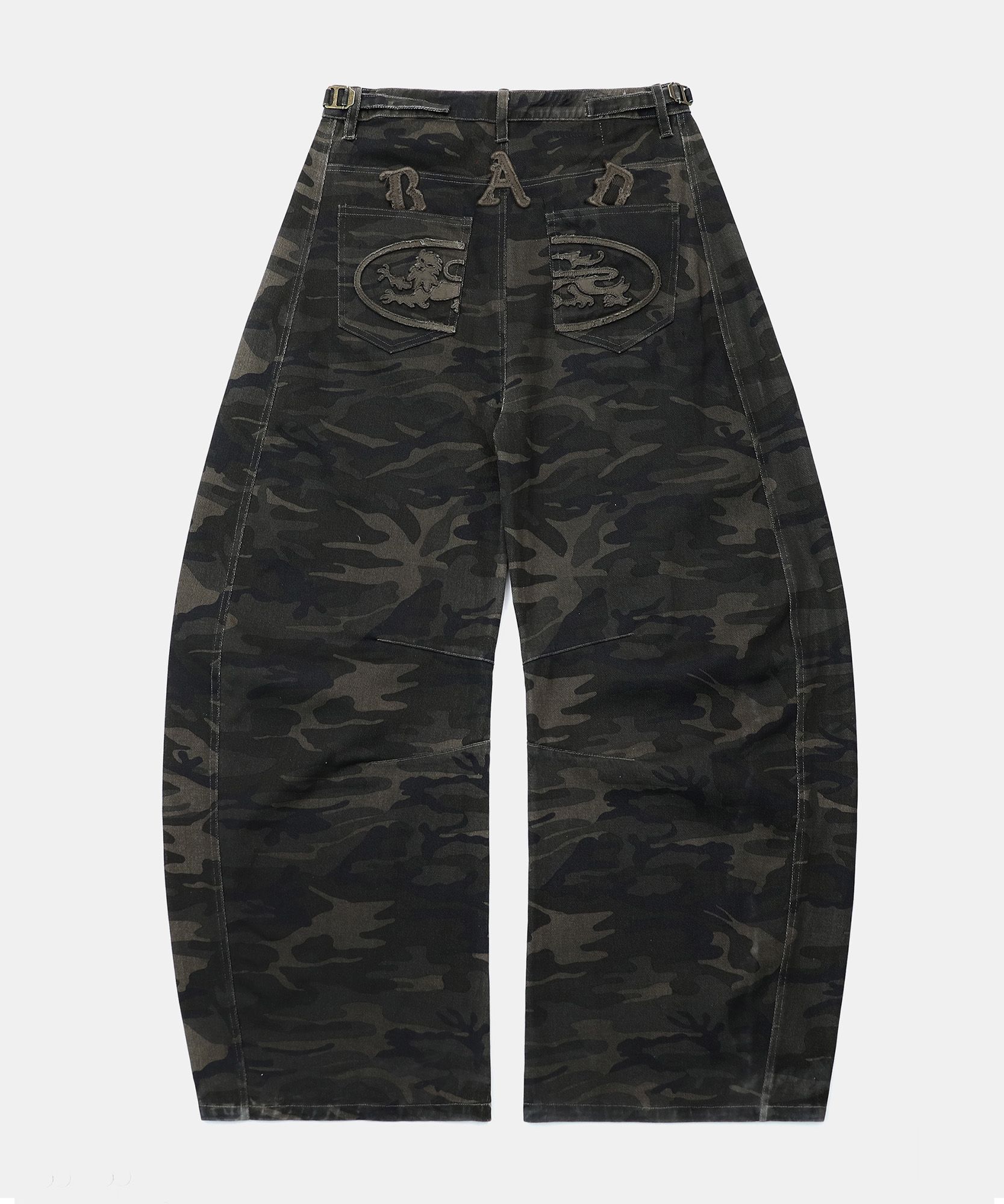 ◆BADBLOOD◆ Lion Patch Washed Barrel Pants Black Leopard w- MUSINSA | BADBLOOD Lion Patch Washed Barrel Pants - Dark Camo