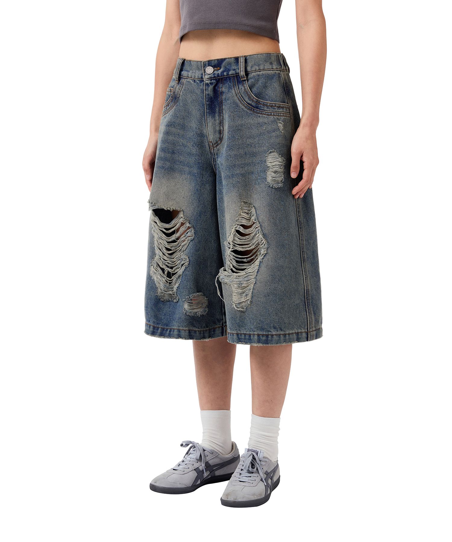 デニム・ジーパン ODD STUDIO SALT WASHED DAMAGE DENIM HALF PANTS MUSINSA | ODDSTUDIO Salt Wash Damage Denim Half Pants - BLUE