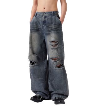 더티 워시드 디스트로이드 데님 팬츠 - BLUE