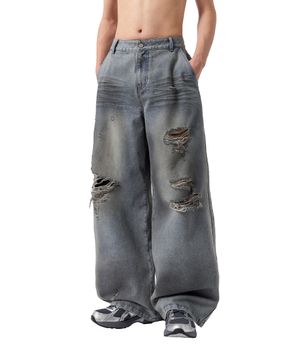 더티 워시드 디스트로이드 데님 팬츠 - LIGHT BLUE