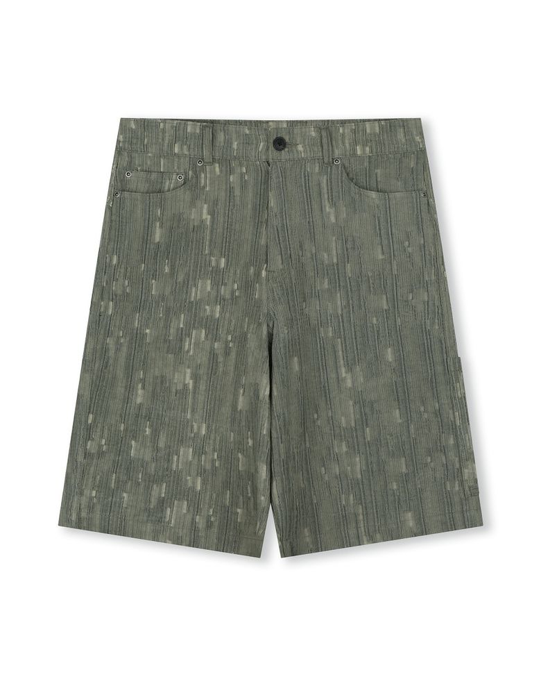 WASHED LINEN JACQUARD WORK SHORTS OLIVE
