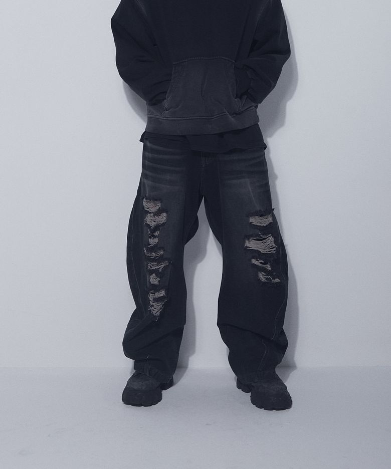 Adjustable Waist Destroyed Denim Pants Dark Blue