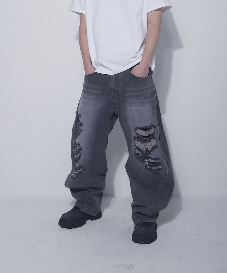 Adjustable Waist Destroyed Denim Pants Light Blue