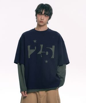 스트라이프 아플리케 레이어드 긴팔티 - 네이비