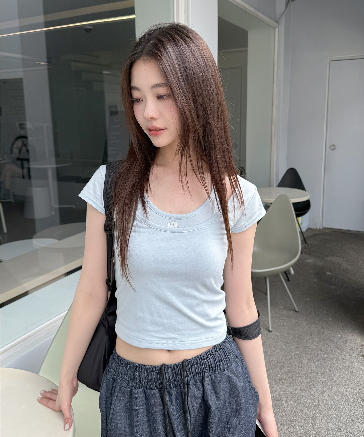 MUSINSA | MUAHMUAH Layered Strap Short Sleeve T-Shirt [Sky Blue]