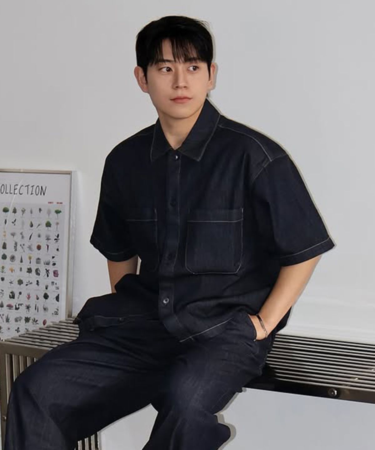마인드브릿지(MINDBRIDGE) [COUTURE]논 페이드 데님 오버핏 반팔셔츠