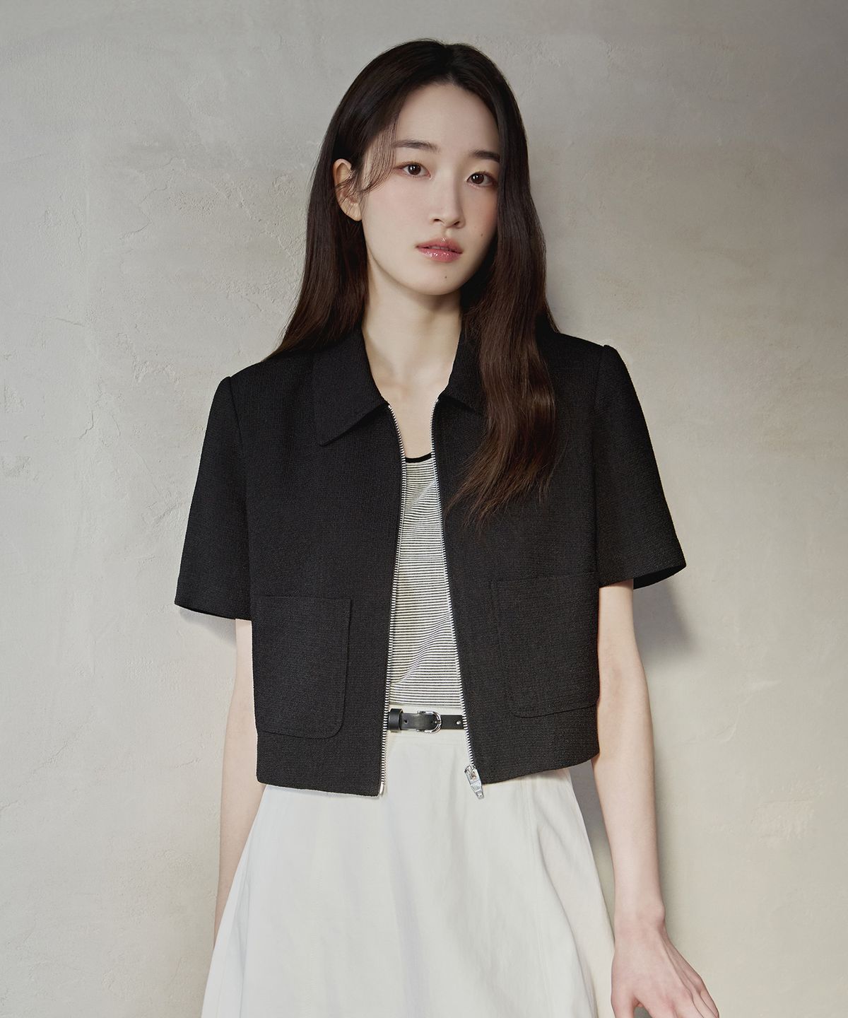 마인드브릿지 우먼(MIND BRIDGE WOMEN) [W]트위드 카라 집업 반팔 자켓