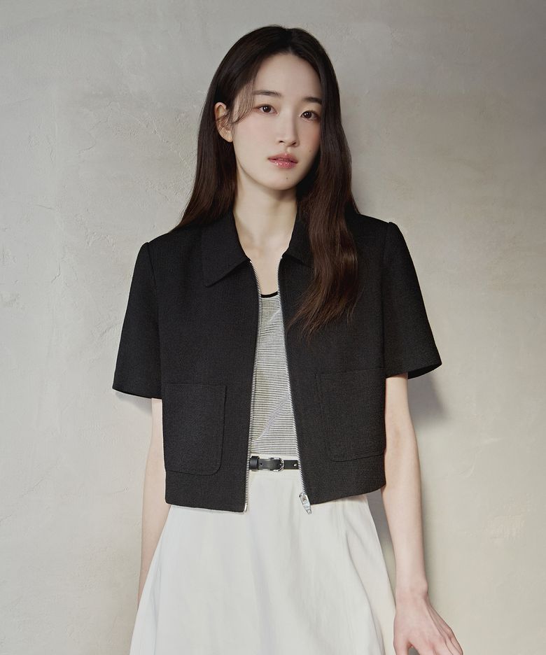 [W]트위드 카라 집업 반팔 자켓