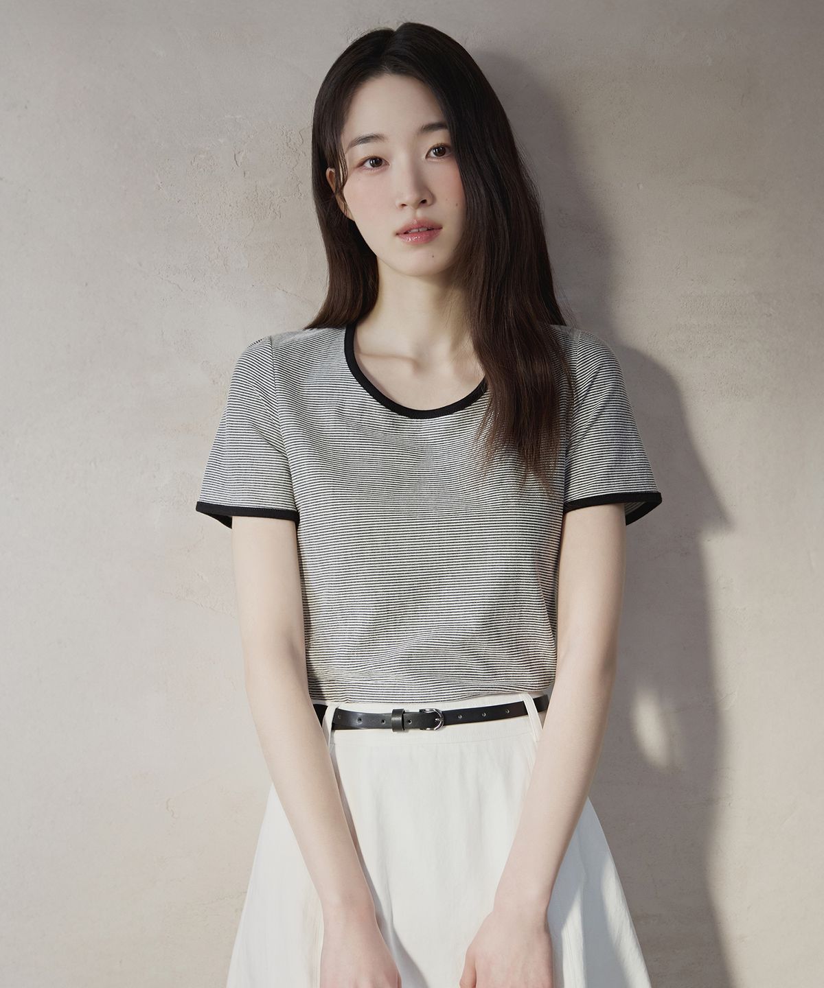 마인드브릿지 우먼(MIND BRIDGE WOMEN) [W]U넥 스트라이프 링거 반팔 티셔츠