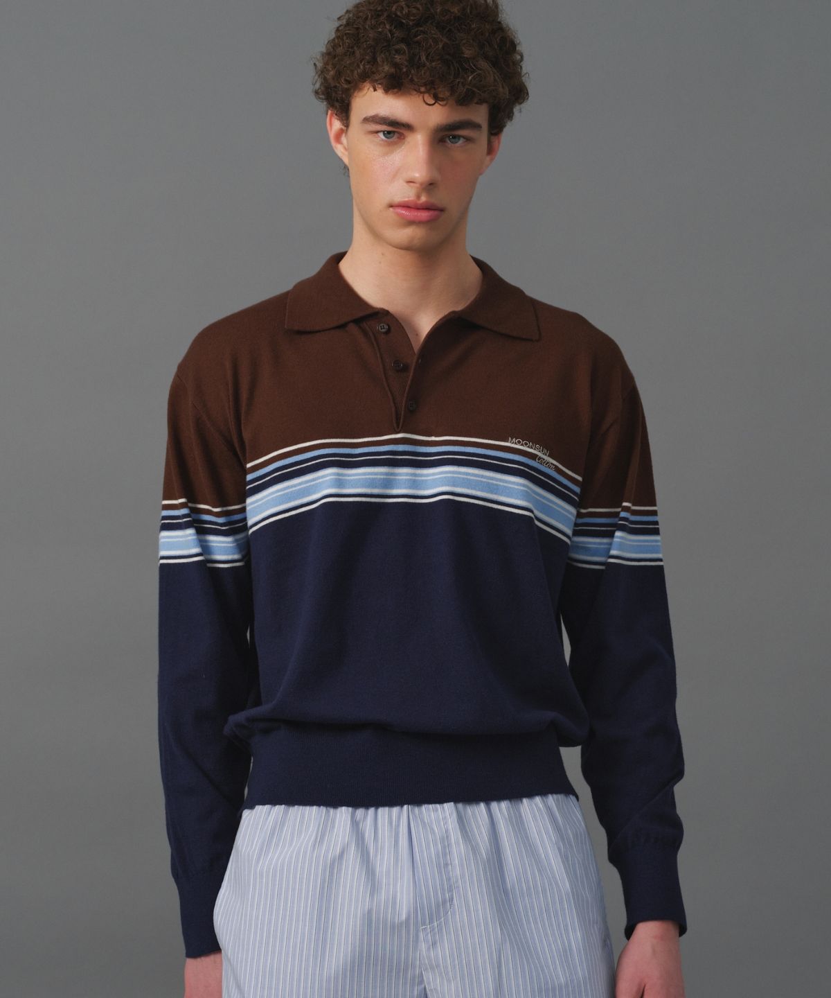 문선 아카이브(MOONSUN ARCHIVE) M.C UNISEX, Point Stripe Collar Knit / Brown Blue