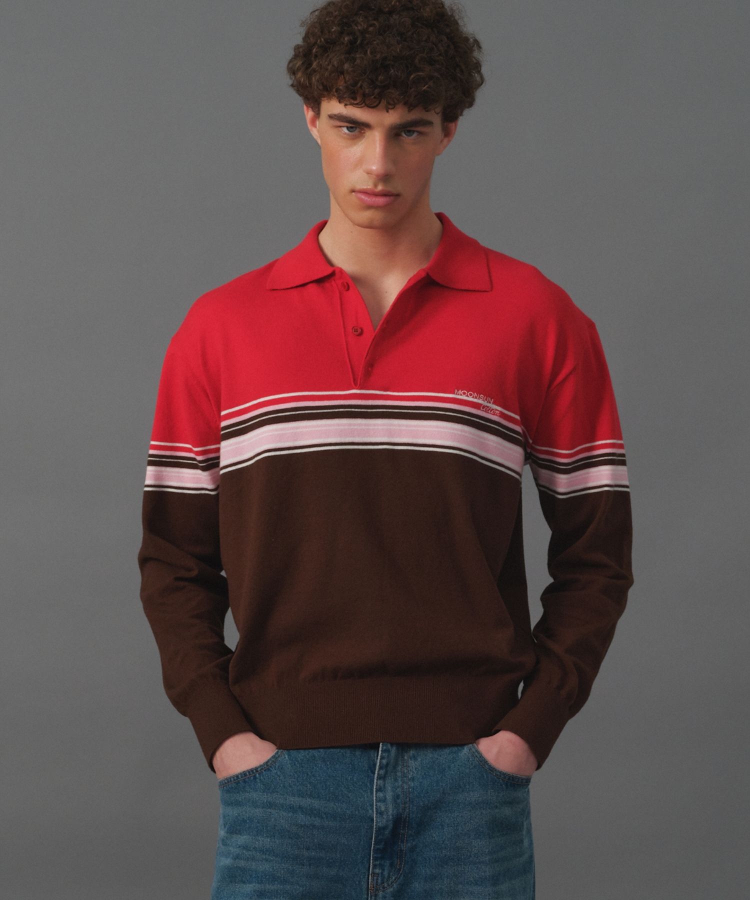 MUSINSA | MOONSUN M.C UNISEX, Point Stripe Collar Knit / Red