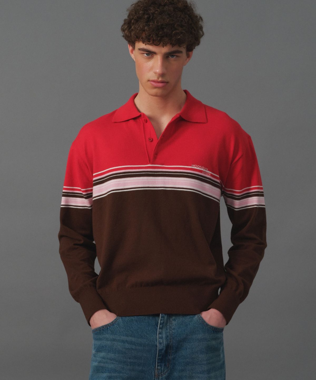 문선 아카이브(MOONSUN ARCHIVE) M.C UNISEX, Point Stripe Collar Knit / Red Pink