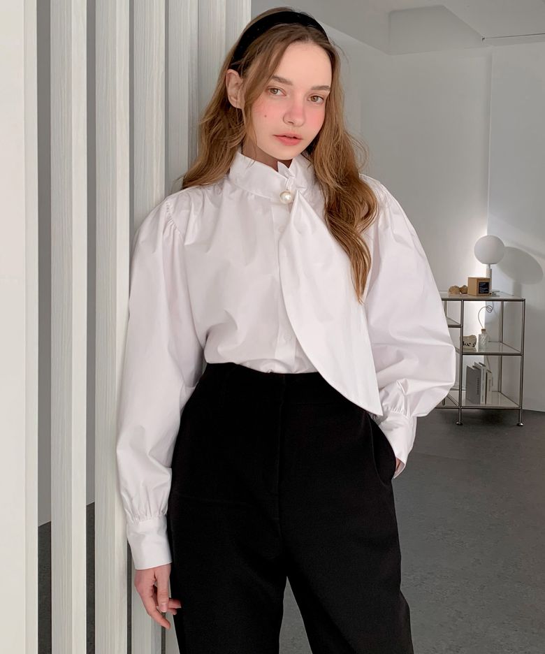 Pearl-Tie Puff Blouse