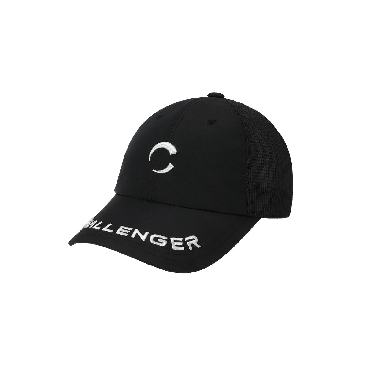 챌린저(CHALLENGER) 남성 로고 자수 메쉬크라운 원터치 버클 볼캡 볼마커 구성 블랙